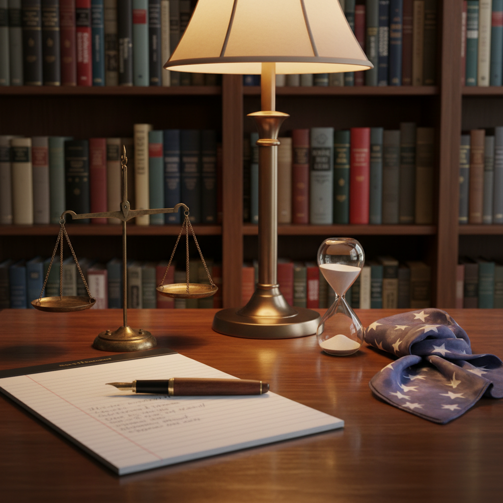 A polished wooden writing desk with a balanced arrangement of objects: on one side, a small brass scale of justice and a vintage fountain pen resting on a legal pad; on the other, a neatly folded stars-and-stripes patterned scarf and a simple glass hourglass filled with pale sand. Behind them, a blurred bookshelf holds a mix of classic conservative titles and contemporary sociology texts. Warm, indirect lamplight from a shaded desk lamp creates a soft, golden pool of light on the workspace, accentuating textures in metal, paper, and fabric. Shot from a slightly elevated angle in photographic realism, the composition uses the rule of thirds to highlight the objects as symbolic stand-ins for time, tradition, and evolving identity, evoking a serious yet hopeful atmosphere.