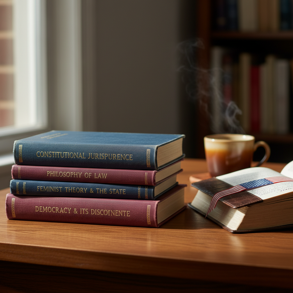 A neatly stacked pile of hardcover books with worn navy and burgundy cloth covers, their gold-embossed titles referencing constitutional law, philosophy, and gender studies, arranged on a solid oak desk with a subtle satin finish. A classic leather-bound journal lies open beside them, showing faint handwritten notes and a bookmarked page with a small, folded flag-patterned ribbon. Soft afternoon window light filters in from the left, casting gentle, directional shadows and illuminating a ceramic mug of tea in the background, deliberately out of focus. Photographed at eye level with a shallow depth of field, the image feels reflective and professional, combining photographic realism with a calm, contemplative mood that suggests careful study and introspection on complex political questions.